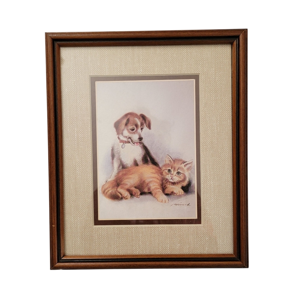 Vintage Homco Framed Puppy & Kitten Print By The Artist Marinich Home Decor